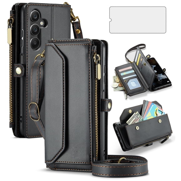 Asuwish Compatible with Samsung Galaxy A16 5G/4G Zipper Wallet Phone Case Tempered Glass Screen Protector Crossbody Lanyard Strap Flip Card Holder Slot Cell Cover for A 16 16A SM-A166U Women Black