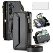 Asuwish Compatible with Samsung Galaxy A16 5G/4G Zipper Wallet Phone Case Tempered Glass Screen Protector Crossbody Lanyard Strap Flip Card Holder Slot Cell Cover for A 16 16A SM-A166U Women Black
