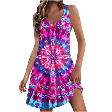 Pisexur Womens Summer Dresses Boho Beach Dress Floral V Neck Sleeveless Mini Dresses Casual Flowy Tank Dress for Beach Vacation with Pockets