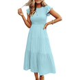 thumbnail image 1 of Tumotour Robes d'Été pour Femmes, Ligne A, Col Rond, Couleur Unie, Robe Décontractée à Volants, Longueur Thé, Manches Courtes, Robe Midi Évasée Fluide, Robes Bohèmes pour Sorties, Plage, Rendez-Vous, Vacances, 1 of 7