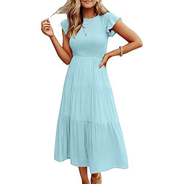 Tumotour Robes d'Été pour Femmes, Ligne A, Col Rond, Couleur Unie, Robe Décontractée à Volants, Longueur Thé, Manches Courtes, Robe Midi Évasée Fluide, Robes Bohèmes pour Sorties, Plage, Rendez-Vous, Vacances