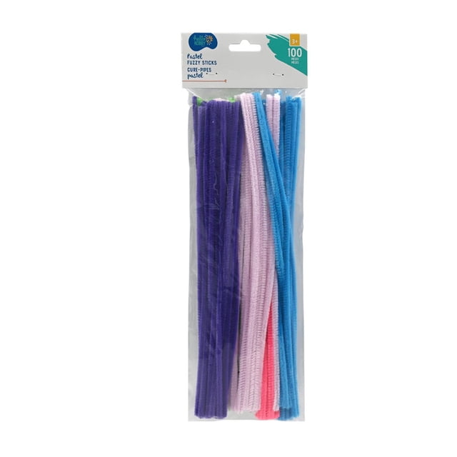 Hello Hobby Pastel Fuzzy Sticks, bendable and flexible fuzzy craft sticks in pastel purple, light pink, blue, and coral, 100 pieces per pack, each 12 inches long, ideal for Easter crafts, classroom use, and creating jewelry or sculptures.