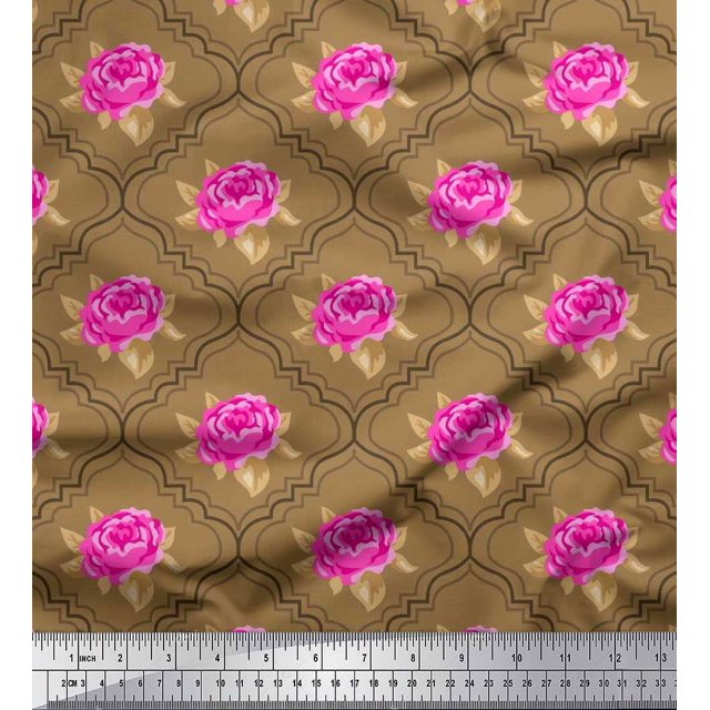 Soimoi Tissu Crêpe polyester Design Quatrefoil, Feuilles & Roses Imprimés Floraux au Mètre 52 Pouces de Large