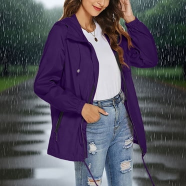 Amzcrzy Manteaux de Pluie pour Femmes Couleur Unie Imperméable à Capuche à Manches Longues Vestes Zippées Imperméables pour Femmes Manteaux de Pluie Légers avec Poches 2TG