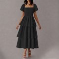 thumbnail image 4 of yoeyez Robes d'Été pour Femmes à Manches Courtes Volantées, Encolure Carrée, Robe Midi Smockée, à Étages, Plage, Vacances, Fluide, Coupe Évasée, Noir, G, 4 of 7