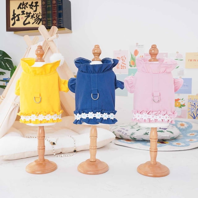 CBFFDC Pet Outfit White Flowers Decor Pet T shirt with Front Bowknot Ruffle Collar Spring Summer Puppy Tee Clothes