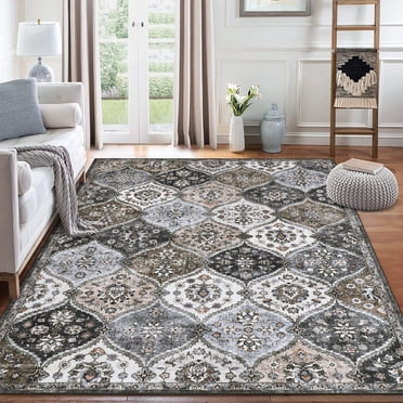 9' x 12' Washable Area Rug Moroccan Trellis Entryway Rug Doormat Stain Resistant, Non-Slip Accent Rug Vintage Medallion Distressed Floor Carpet for Front Entrance Kitchen Bathroom, Taupe/Brown