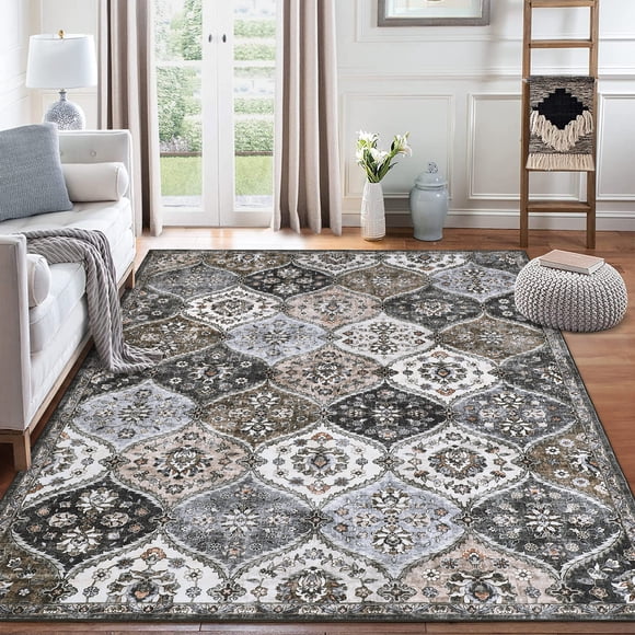 9' x 12' Washable Area Rug Moroccan Trellis Entryway Rug Doormat Stain Resistant, Non-Slip Accent Rug Vintage Medallion Distressed Floor Carpet for Front Entrance Kitchen Bathroom, Taupe/Brown