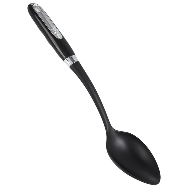 Mainstays™ Spoon with a black ergonomic handle and silver accent, featuring a hanging hole, designed for kitchen utensils and cooking tasks, dishwasher safe and suitable for stirring and serving food.