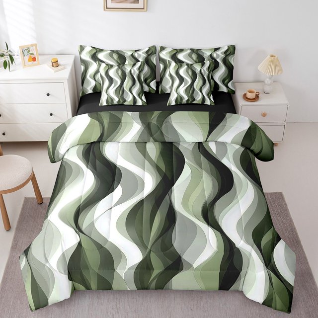 Erosebridal Modern Abstract Bedding Sets Full Size, Stripes Wave Comforter Sets with Sheets, Chic Geometric Reversible Bed Sheets Set, Breathable Room Decoration, 7pcs