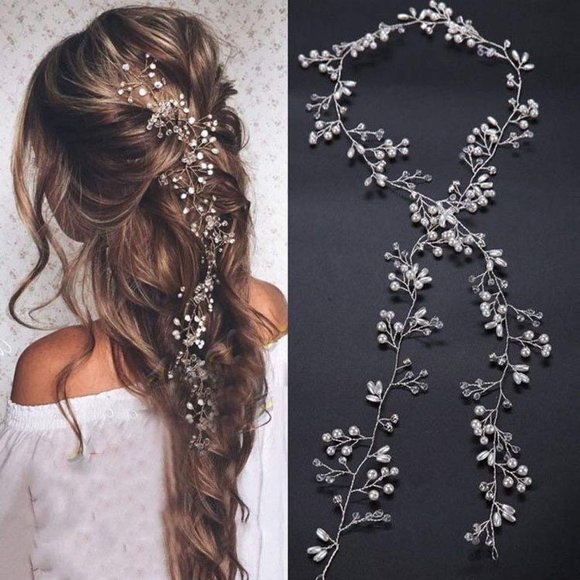 Bridal Rose Gold and Gold Silver Extra Long Pearl and Crystal Beads Bridal Hair Vine Wedding Head Piece Bridal Hair Accessories Headband Hair Jewelry Hair Accessories (Gold)
