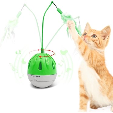 Interactive Cat Toys for Indoor Cats,Cat Toy with Bird Sound,Electric Feather Cat Toys,Automatic Rotation Kitten Toys with 2 Detachable Cat Wand LED Cat Ball,360° Rolling,Batteries Included