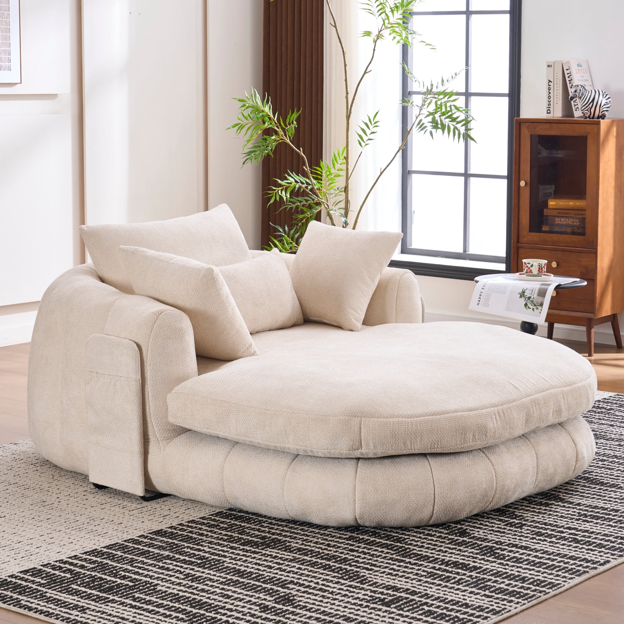Chaise longue Noble House surdimensionnée, canapé-lit profond en chenille, beige