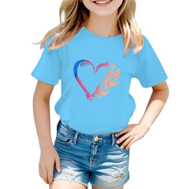 GPOECD Girls Summer Casual Graphic Tee Round Neck Short Sleeve Top Cute Printed Shirt Blue,8-9 Years