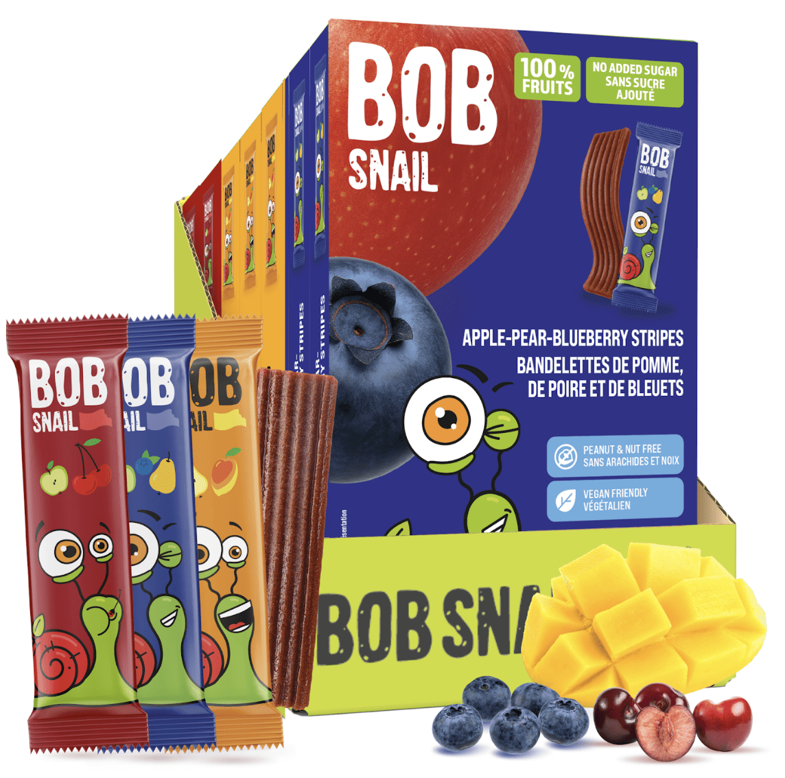 Bob Snail Fruit Leather Stripe Gluten-Free Nut-Free Healthy Fruit Rollup Snacks Variety Pack - Pack of 7 (Pear-Mango x3; Apple-Sour Cherry x2; Apple-Pear-Blueberry x2)