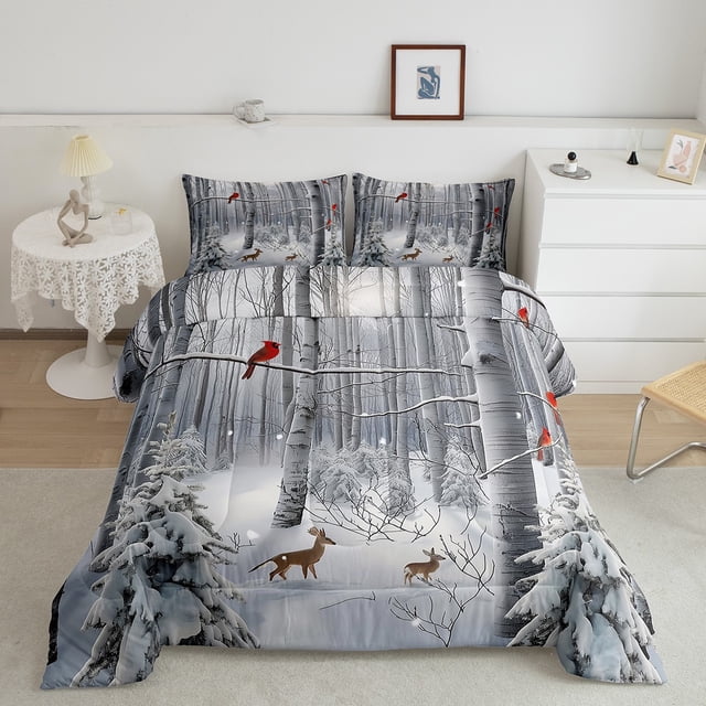 Erosebridal Merry Christmas Bedding Twin Comforter Set, Deer Cardinal Bird Down Comforter, Birch Tree Decor