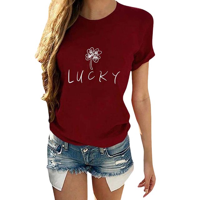 Innerwin Tee Manches Courtes Femmes Hauts d'Été Travail Lettre Chanceuse T-Shirt Confortable Rouge Vin TG