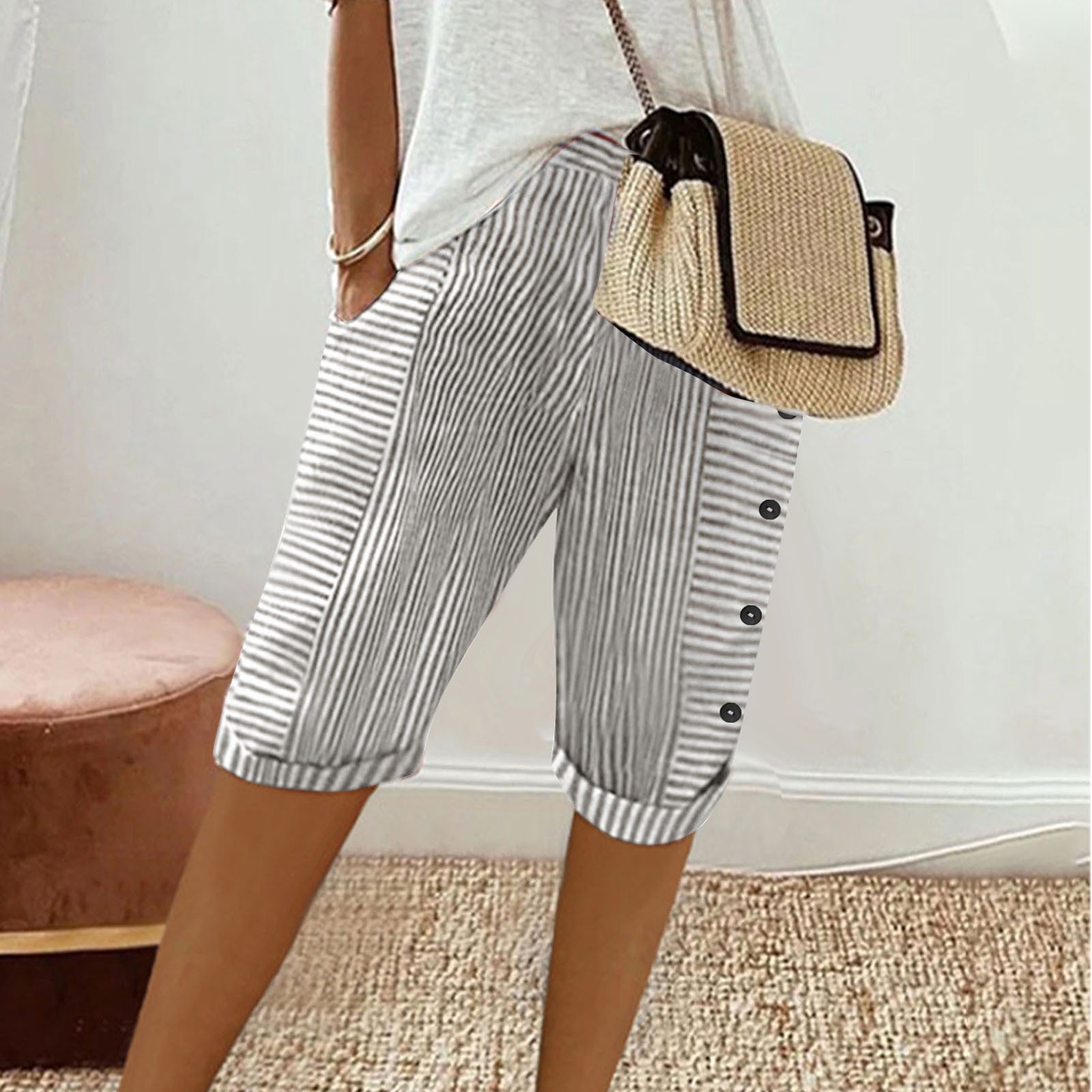 Capris Décontractés pour Femmes d'Été en Coton et Lin Tissé à Rayures Patchwork à Boutons, Coupe Ample