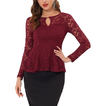 INSPIRE CHIC Haut pour Femme en Dentelle avec Goutte d'Eau à l'Avant, Ourlet Péplum, Blouse Transparente à Manches Longues m Bourgogne