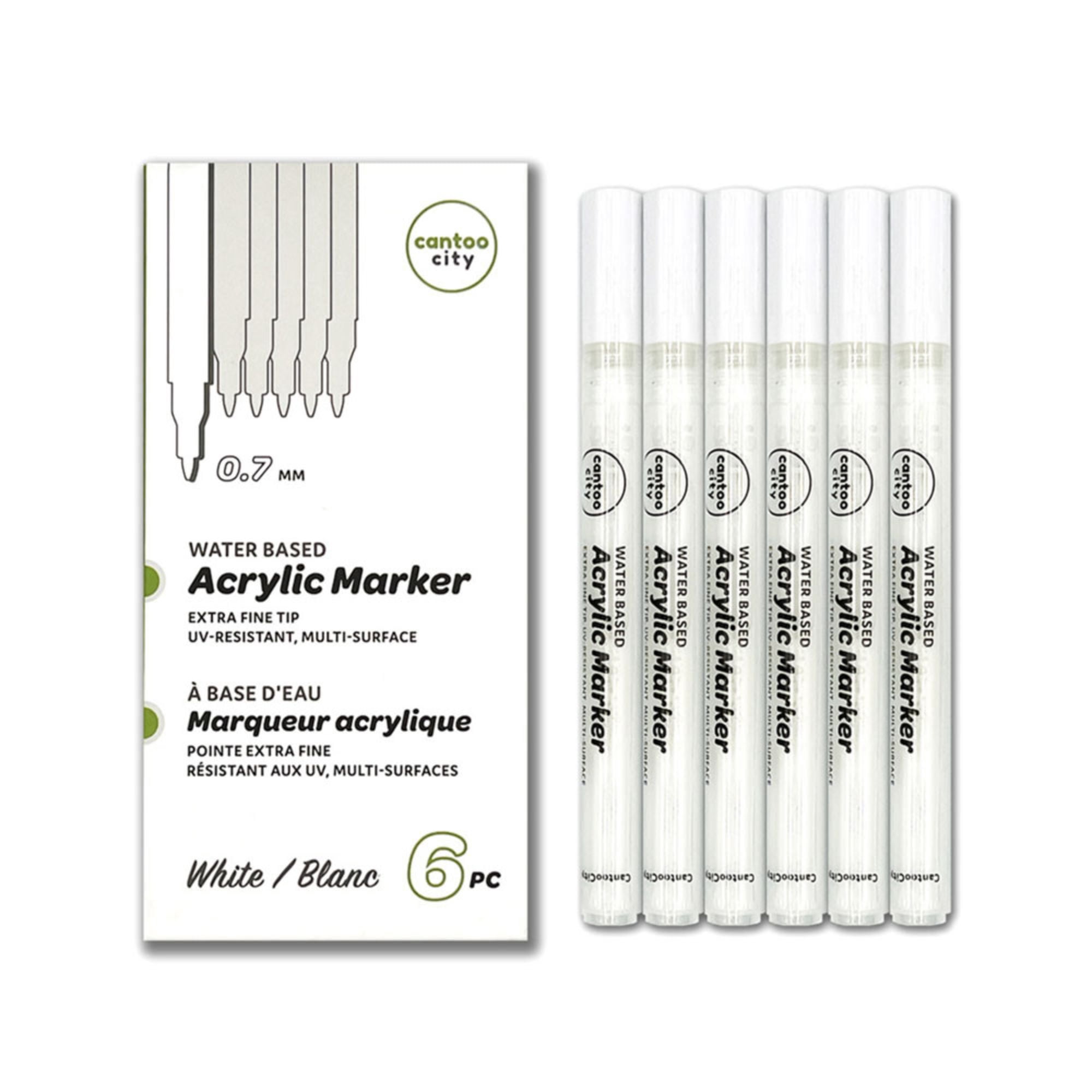 Cantoo City White Acrylic Paint Pen 6-Pack 0.7mm Extra-Fine Tip Acrylic Markers – UV-Resistant, Multi-Surface, Water Based Paint Markers for Rock, Glass, Leather, Fabric, Tire, Crafts and Hard Surface