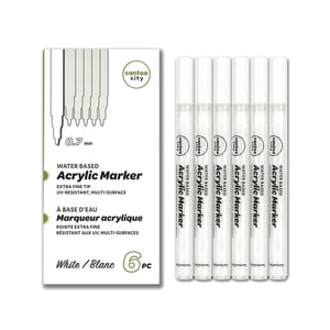 Cantoo City Stylo de peinture acrylique blanc 6-Pack 0.7mm Marqueurs acryliques à pointe extra-fine – Marqueurs de peinture résistant aux UV, multisurface, à base d'eau pour roche, verre, cuir, tissu, pneus, artisanat et surface dure