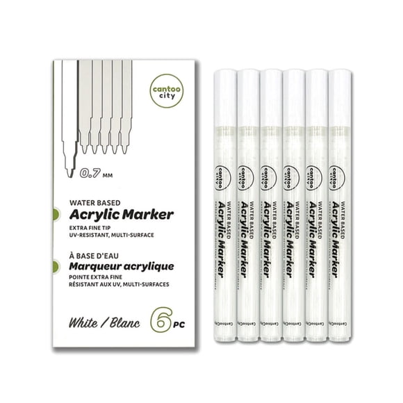 Cantoo City White Acrylic Paint Pen 6-Pack 0.7mm Extra-Fine Tip Acrylic Markers – UV-Resistant, Multi-Surface, Water Based Paint Markers for Rock, Glass, Leather, Fabric, Tire, Crafts and Hard Surface