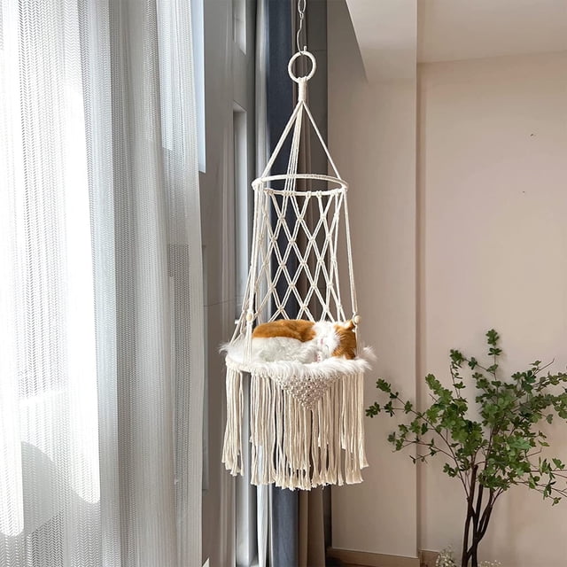 Macrame Cat Hammock Bed Hanging Window Perch for Large Cats and Small Pets Indoor Outdoor