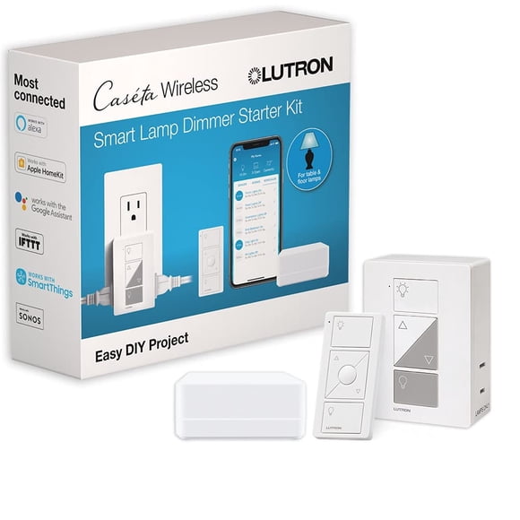 Lutron Caseta Smart Start Kit for Lamps Plug-In Lamp Dimmer with Smart Bridge and Pico remote Compatible with Alexa Apple HomeKit and the Google Assistant P-BDG-PKG1P White