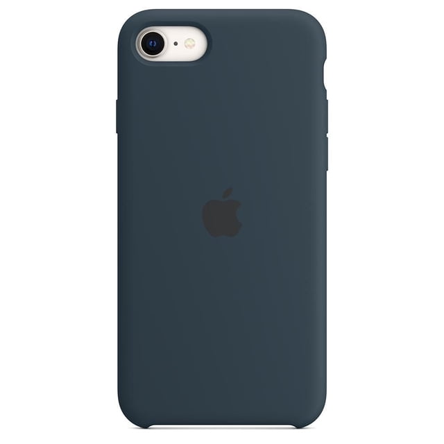 iPhone SE Silicone Case - Midnight in abyss blue with a smooth silicone exterior and embossed Apple logo, designed to fit snugly over iPhone SE buttons and curves, featuring a soft microfiber lining for scratch protection and wireless charging compatibility.