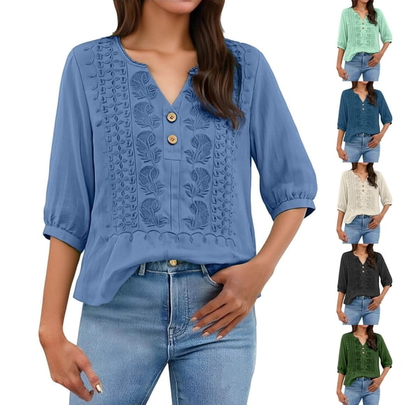 Sentmoon Woman Summer Tops V Neck Women Clothing Button Down Embroidery Linen Loose Fit Breathable T Shirts for Women Trendy Hawaii