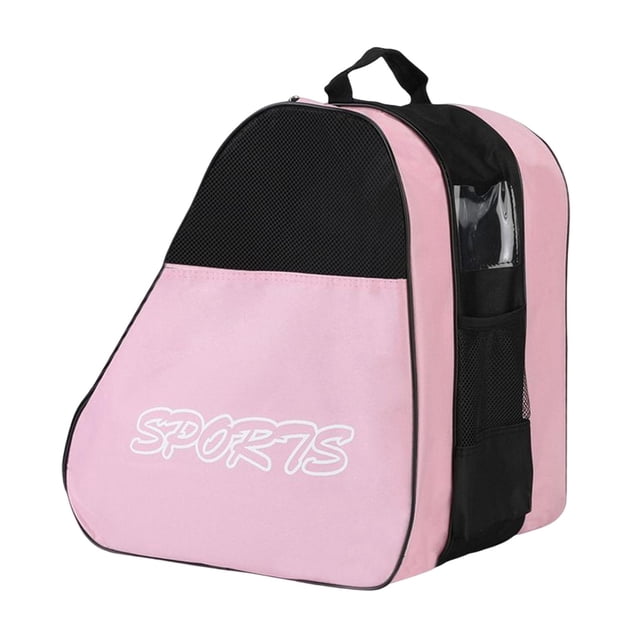 Breathable Skates Bag Case Roller Skates Inline Skates Ice Skates Roller Skating Pink, 14.96" x 14.96" x 11.42". A pink and black nylon skate storage bag with three compartments, including side pockets for ice or roller skates and a middle section for sports gear like knee pads, gloves, and water bottles. Features a breathable mesh design, adjustable shoulder strap, and top handle for convenient carrying.