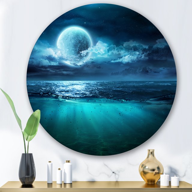 Designart - Romantic Moon Over Deep Blue Sea II - Nautical & Coastal Metal Circle Wall Art