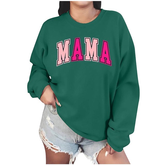 Culottes pour Femmes Chandail Maman Femmes Surdimensionné Paillettes Patch Maman Chandails à Col Rond Maman Imprimé Manches Longues Ample Mode Chandail TP Vert