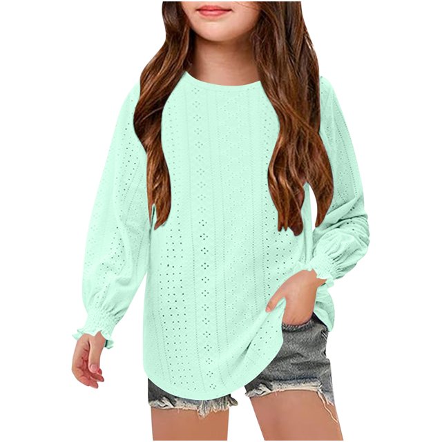 MeetoTime 4-16 Years Girls Long Sleeve Hollow Out Shirts Kids Solid Color Crewneck Ruffled Cuffs Blouse