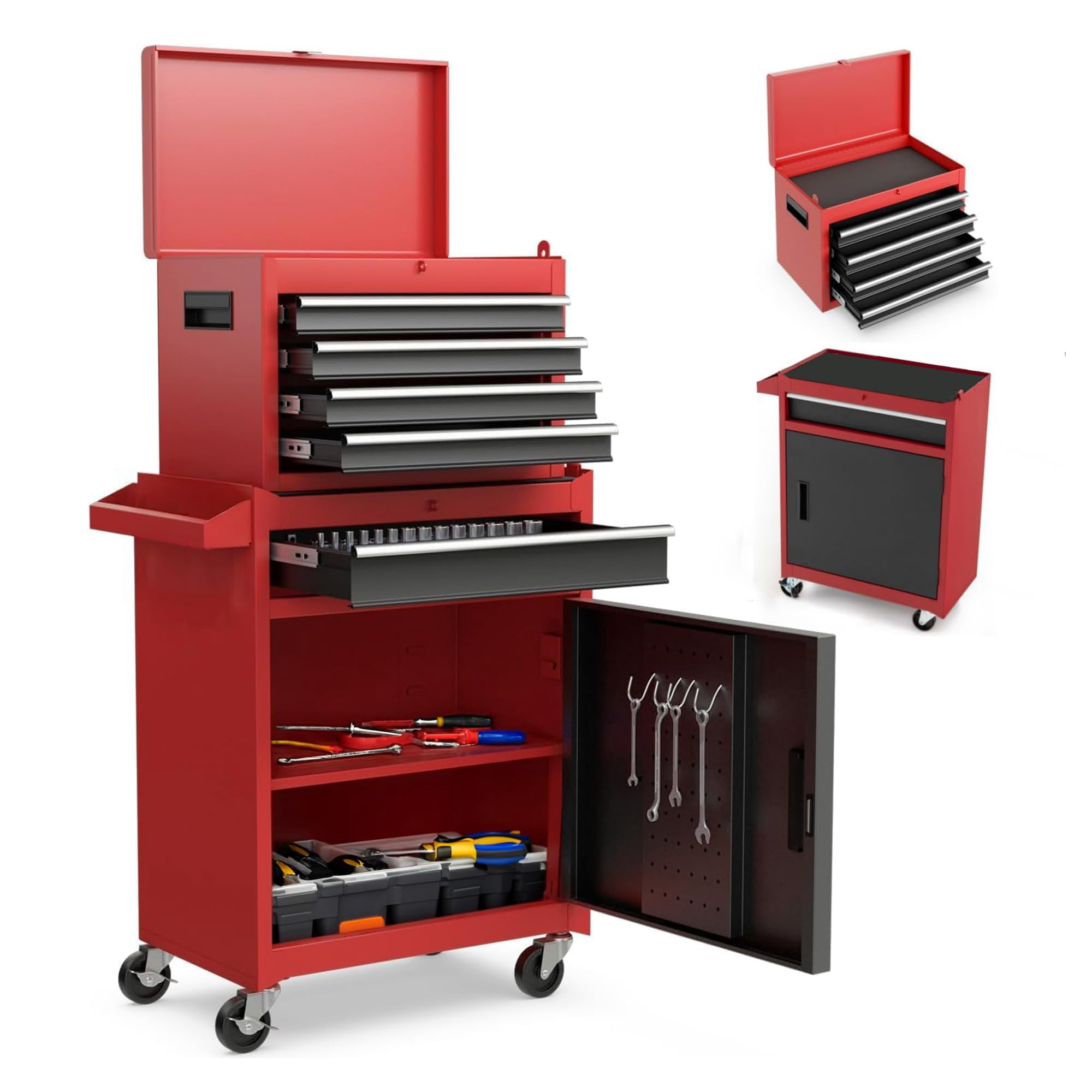 Anwick Tool Chest, 5-Drawer Rolling Tool Storage Cabinet with Detachable Top Tool Box, Liner, Universal Lockable Wheels, Adjustable Shelf, Locking Mechanism, Metal Tool Cart for Garage Workshop (Red)