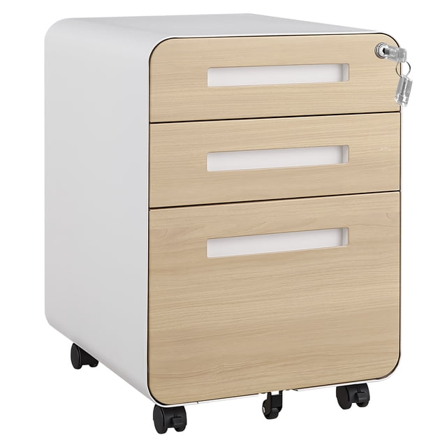 Classeur Métallique à 3 Tiroirs avec Serrure et Roulettes, Classeur Mobile Entièrement Assemblé pour Bureau à Domicile, Roulettes Anti-Inclinaison pour Rangement A4 Lettre Légal, Grain de Bois Bleu Orange Blanc Noir