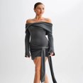 thumbnail image 2 of LYMAYTER Women's Off Shoulder Knit Crochet Mini Dress Ruched Elegant Sweater Cocktail Party Dresses, 2 of 8