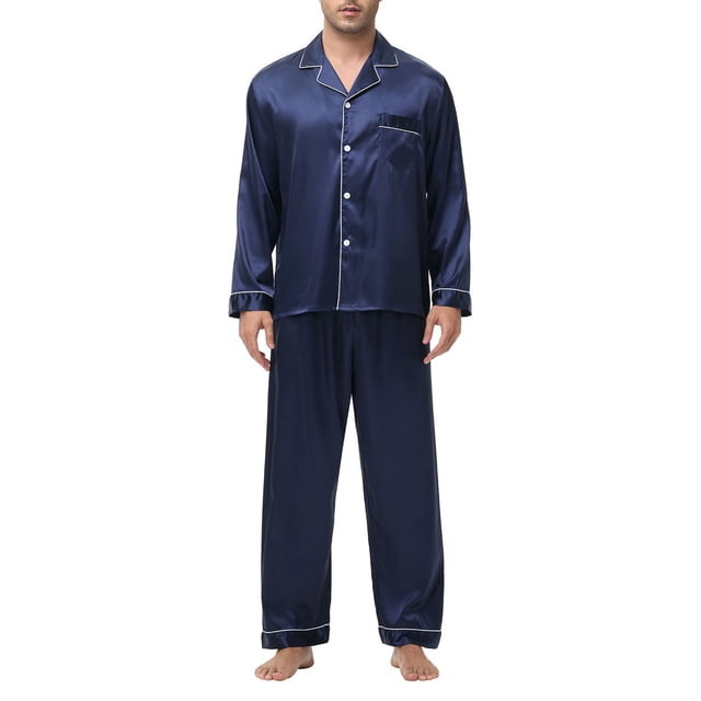 JMYHOAM Ensembles de Pyjamas pour Hommes Ensembles de Détente pour Hommes Manches Longues Col Rabattu Pyjamas Printemps Soie Soie Glacée Boutons Ensemble de Tenue d'Intérieur Vêtements de Détente