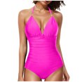 thumbnail image 3 of VBTAPA Tummy Control Swimsuits for Women Full Coverage One Piece Bathing Suits Metal Halter V Neck Ruched Slimming Swimwear Sales of the Day Hot Pink L, 3 of 5