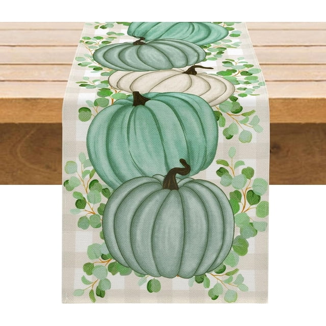 Chemin de Table d'Automne 13x72 Pouces Citrouilles Vertes Feuilles d'Eucalyptus Récolte Style Ferme Décor de Table d'Automne Action de Grâce Saisonnier Style Lin Imperméable Décoration de Table de Cuisine Salle à Manger Intérieur Extérieur