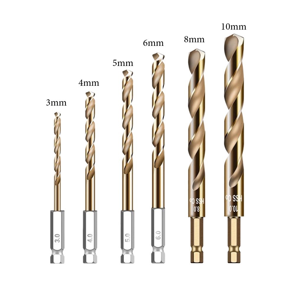 6PCS HSS 6542 Nitride Coated Drill Set 1/4 Inch Hex Shank 3-10mm for Stainless Steel Cast Iron Wood and Plastic Drilling with Cordless Screwdrivers