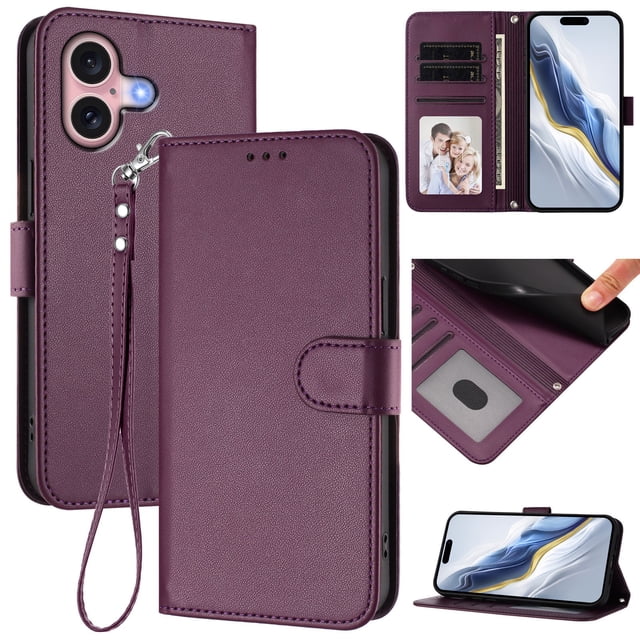 GANGXUN Wallet Case for iPhone 16 – Magnetic Closure, RFID Blocking, Wrist Strap, Wireless Charging Compatible