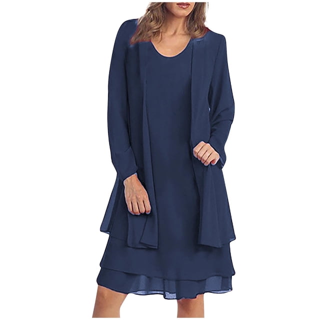 Yuyuzo Ensemble de Robe d'Invitée de Mariage 2 Pcs Tenues Formelles Chiffon Manches Longues Cardigan Ouvert Maxi Robe de Soirée