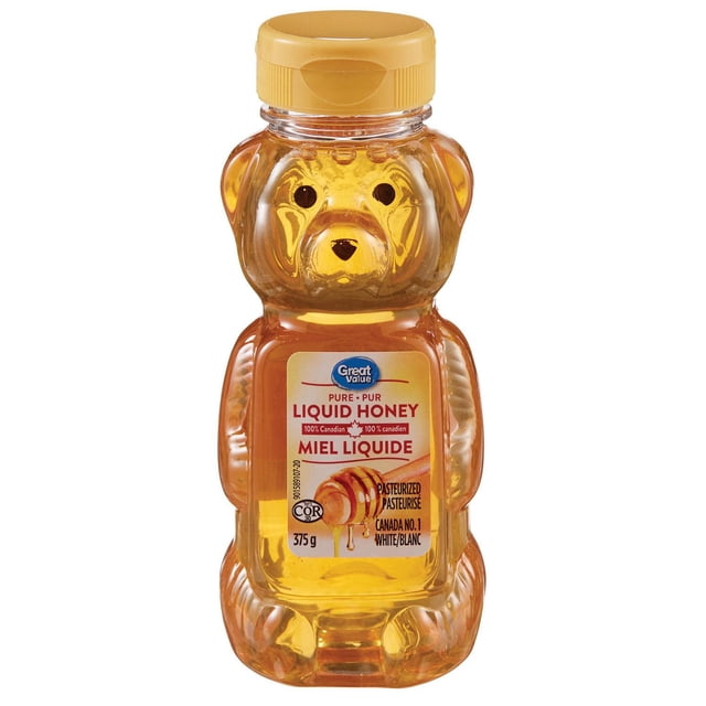 Great Value Miel Liquide Pur dans une Bouteille en Plastique Transparent de 375 g en Forme d'Ours avec un Bouchon Jaune, Étiqueté 100 % Canadien, Pasteurisé et Canada No 1 Miel Blanc, Idéal pour l'Utilisation Alimentaire au Garde-Manger, la Cuisine et la Pâtisserie.