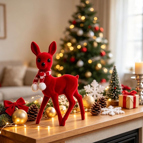 Christmas Reindeer Ornament, Red Plastic Deer Figurine for Mantel Dining Table, Festive Home Decor Gift, 11.81x7.87 Inches