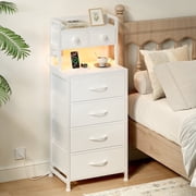 GUNAITO Nightstand with Charging Station and LED Light, Bedside Table with Fabric Drawers and High Storage Shelf for Bedroom, Living Room, Small Spaces - White