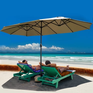 Costway Parasol de Marché Extérieur de 15 Pieds à Deux Côtés pour Patio avec Manivelle Beige