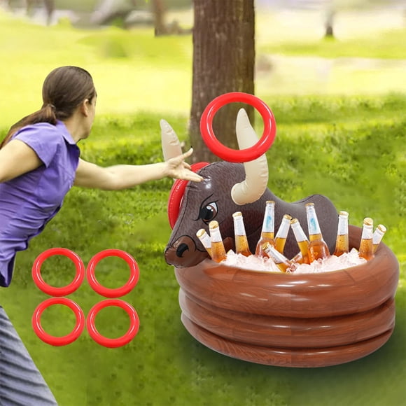 Inflatable Bull Ring Toss Game with Ice Bucket, Outdoor Party Supplies, Backyard Games for Adults, Summer Pool Beach Picnic Carnival Festival Fun, PVC Drink Cooler, Tossing Target Activity Set