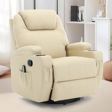 YSICK Swivel Rocker Recliner Chair with Massage PU Leather for Living Room,Beige