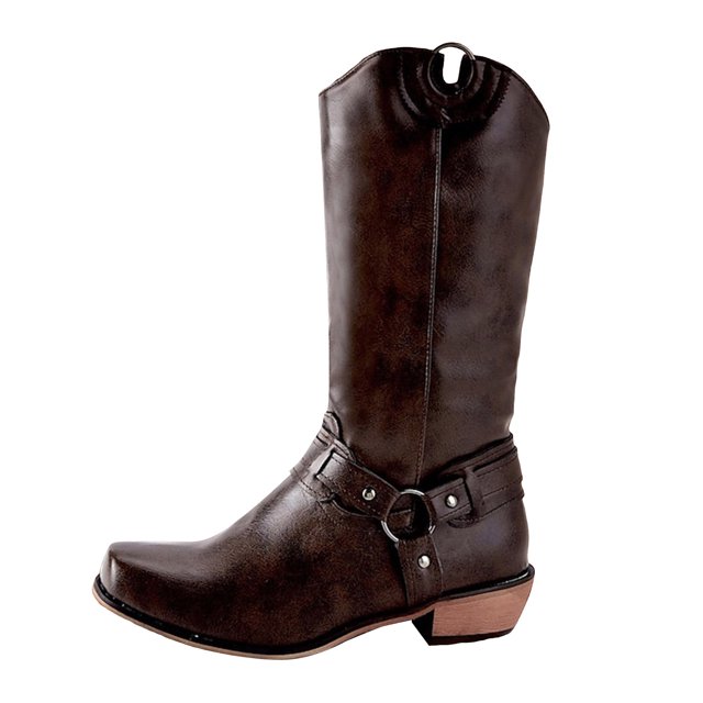 Womens Cowboy Motorcycle Riding Boots Winter Fall Leather Square Toe Wide Mid Calf Western Cowgirl Booties